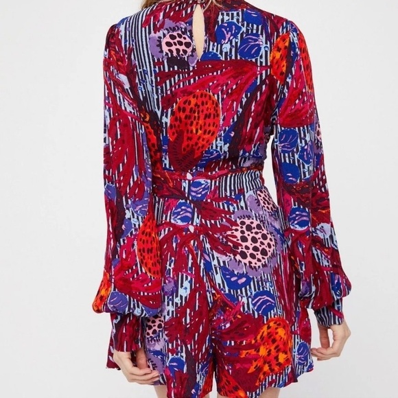 Free People Audrey Long Sleeve V-Neck Romper printed red combo Size 2 - Picture 2 of 5